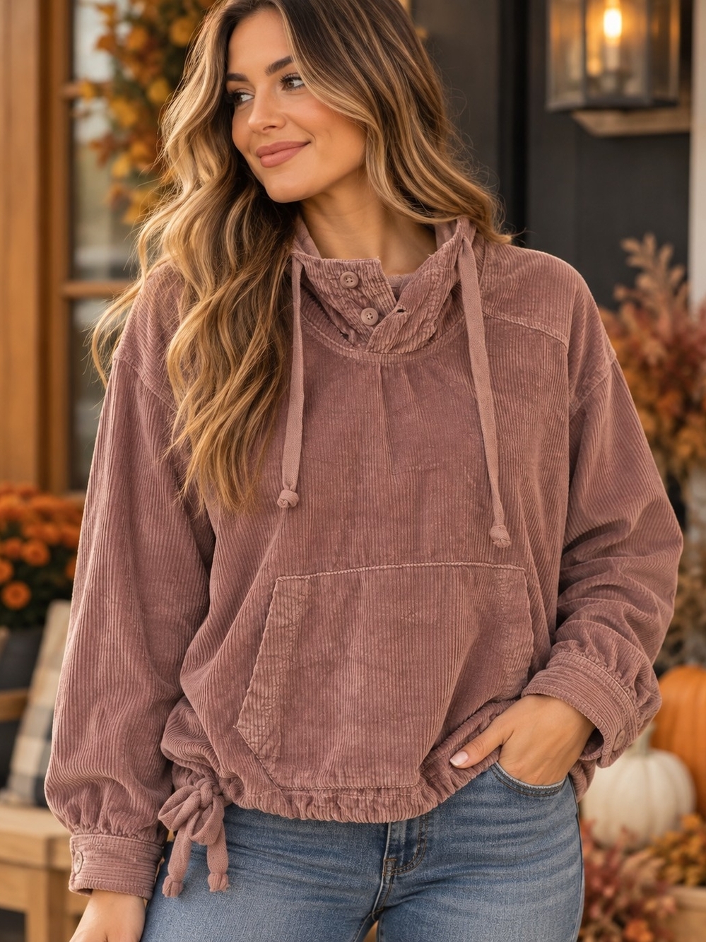 American Eagle Outfitters Corduroy Pullover Hoodie in Dusty Rose